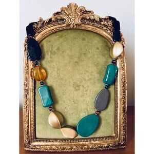 Vintage Chunky Statement Necklace Tagua Nut Glass Green Gold Black Boho Jewelry